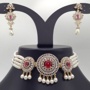 White, Red CZ And Pearls Choker Set With 4 Line Flat Pearls Mala JPS0536