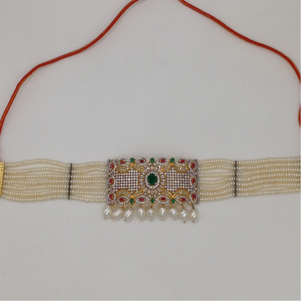 Tri Colour CZ And Pearls Choker Set With 7 Line Flat Pearls Mala JPS0534 - Image 4