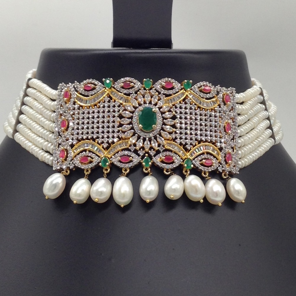 Tri Colour CZ And Pearls Choker Set With 7 Line Flat Pearls Mala JPS0534 - Image 2