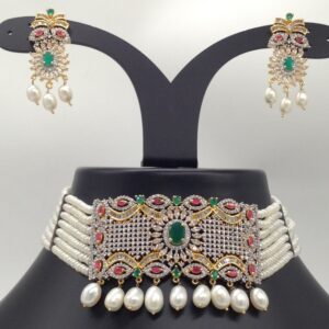 Tri Colour CZ And Pearls Choker Set With 7 Line Flat Pearls Mala JPS0534