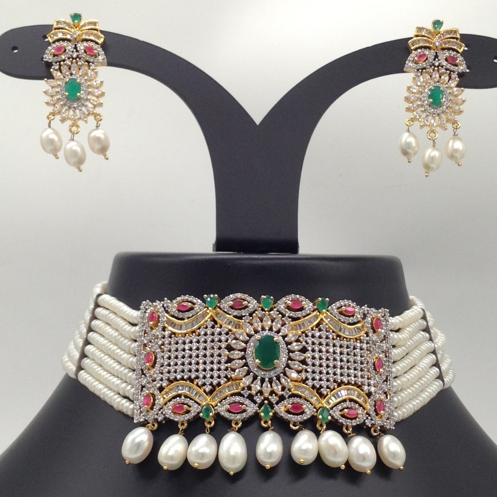 Tri Colour CZ And Pearls Choker Set With 7 Line Flat Pearls Mala JPS0534