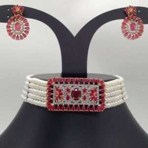 White And Red CZ Choker Set With 4 Line Flat Pearls Mala JPS0527