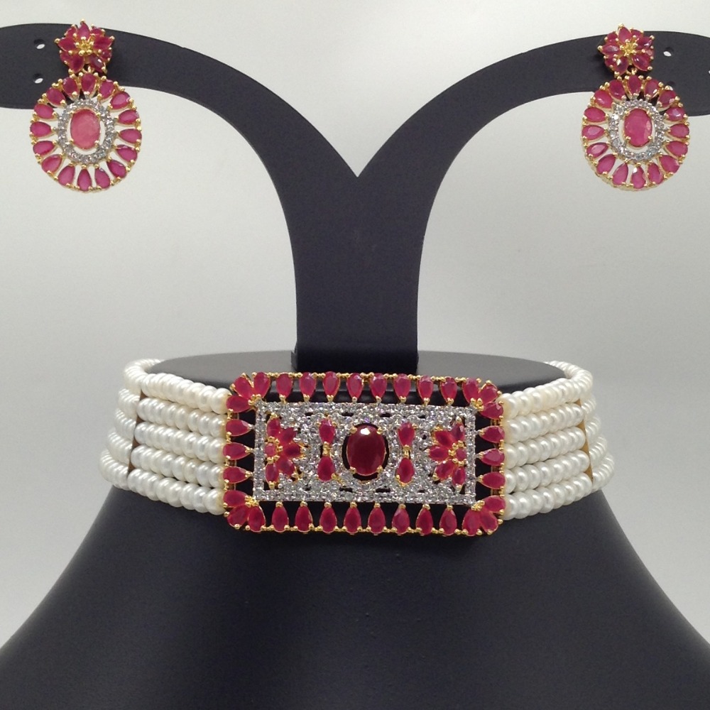 White And Red CZ Choker Set With 4 Line Flat Pearls Mala JPS0527