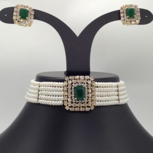 White And Green CZ Choker Set With 5 Line Flat Pearls Mala JPS0524