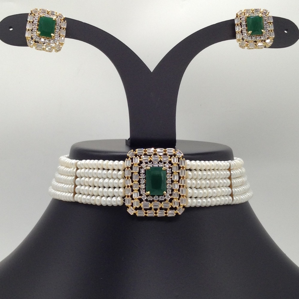 White And Green CZ Choker Set With 5 Line Flat Pearls Mala JPS0524