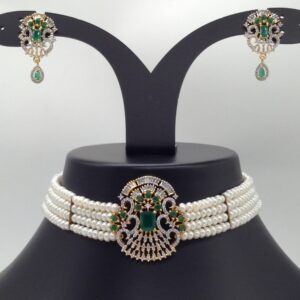 White And Green CZ Choker Set With 4 Line Flat Pearls Mala JPS0522