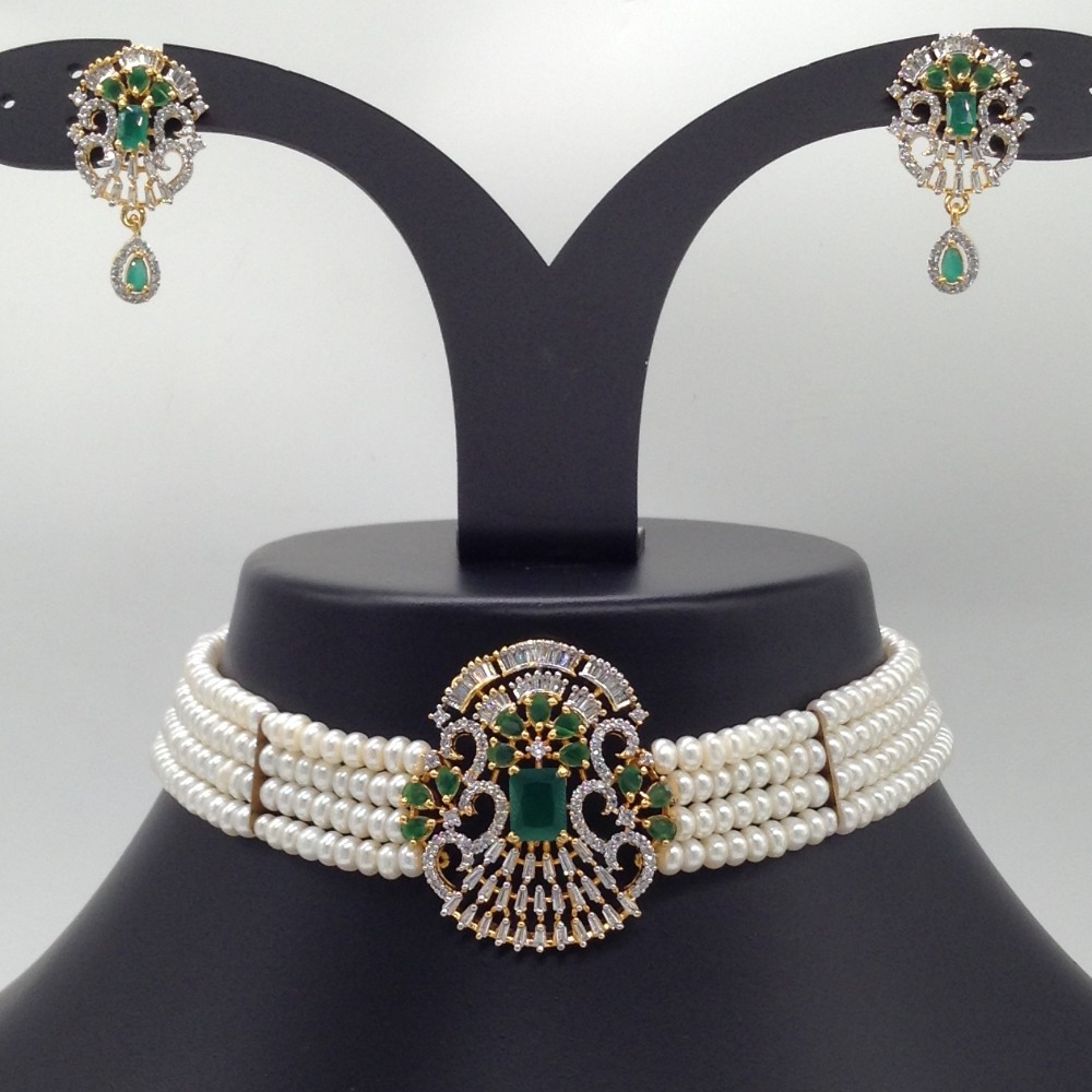 White And Green CZ Choker Set With 4 Line Flat Pearls Mala JPS0522