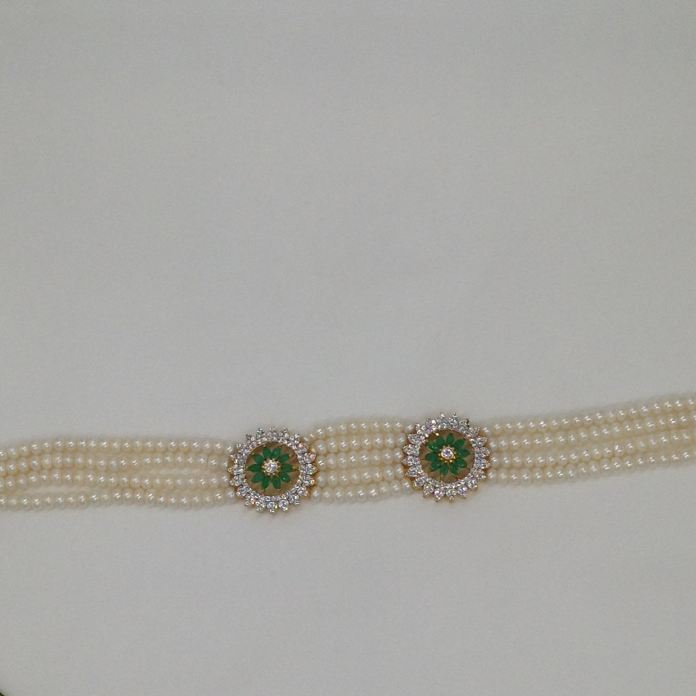 White And Green CZ Choker Set With 5 Line Flat Pearls Mala JPS0521 - Image 4