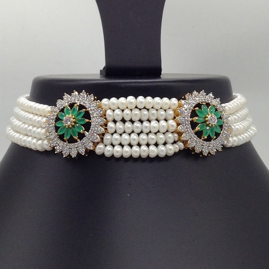 White And Green CZ Choker Set With 5 Line Flat Pearls Mala JPS0521 - Image 2