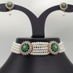White And Green CZ Choker Set With 5 Line Flat Pearls Mala JPS0521