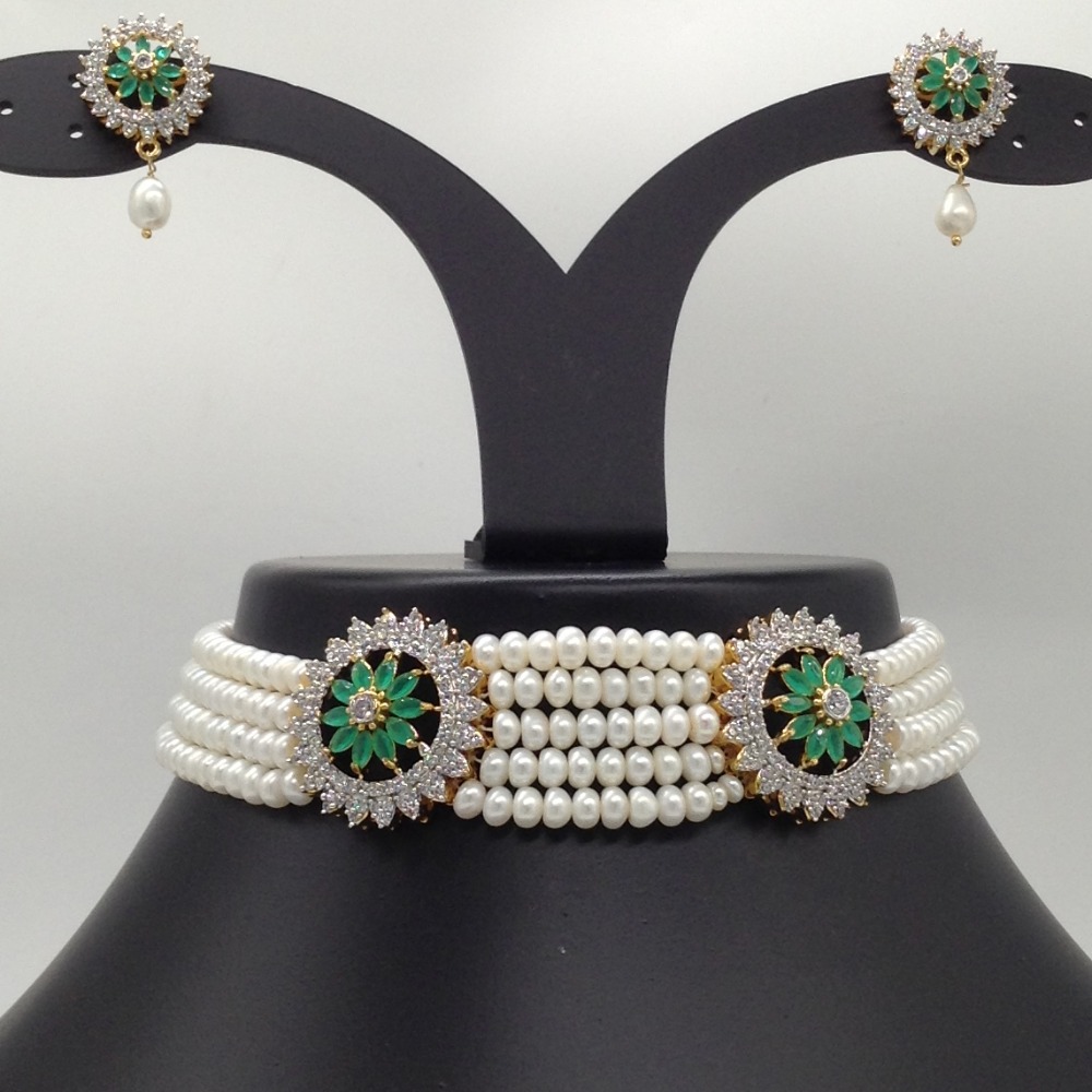 White And Green CZ Choker Set With 5 Line Flat Pearls Mala JPS0521