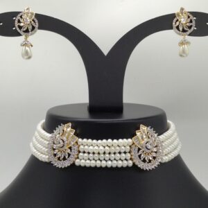 White CZ Choker Set With 4 Line Flat Pearls Mala JPS0520