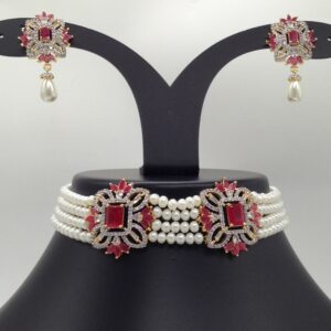White And Red CZ Choker Set With 4 Line Flat Pearls Mala JPS0519