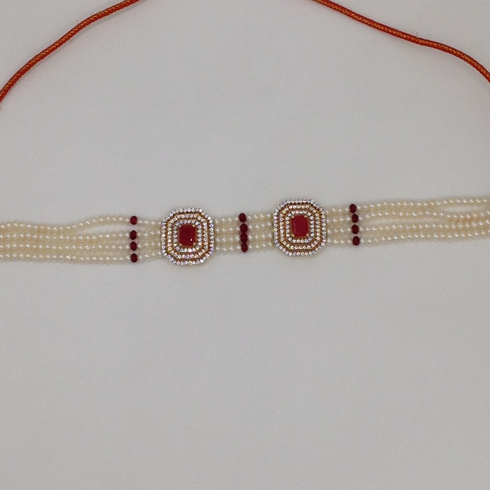 White And Red CZ Choker Set With 4 Line Flat Pearls Mala JPS0518 - Image 4