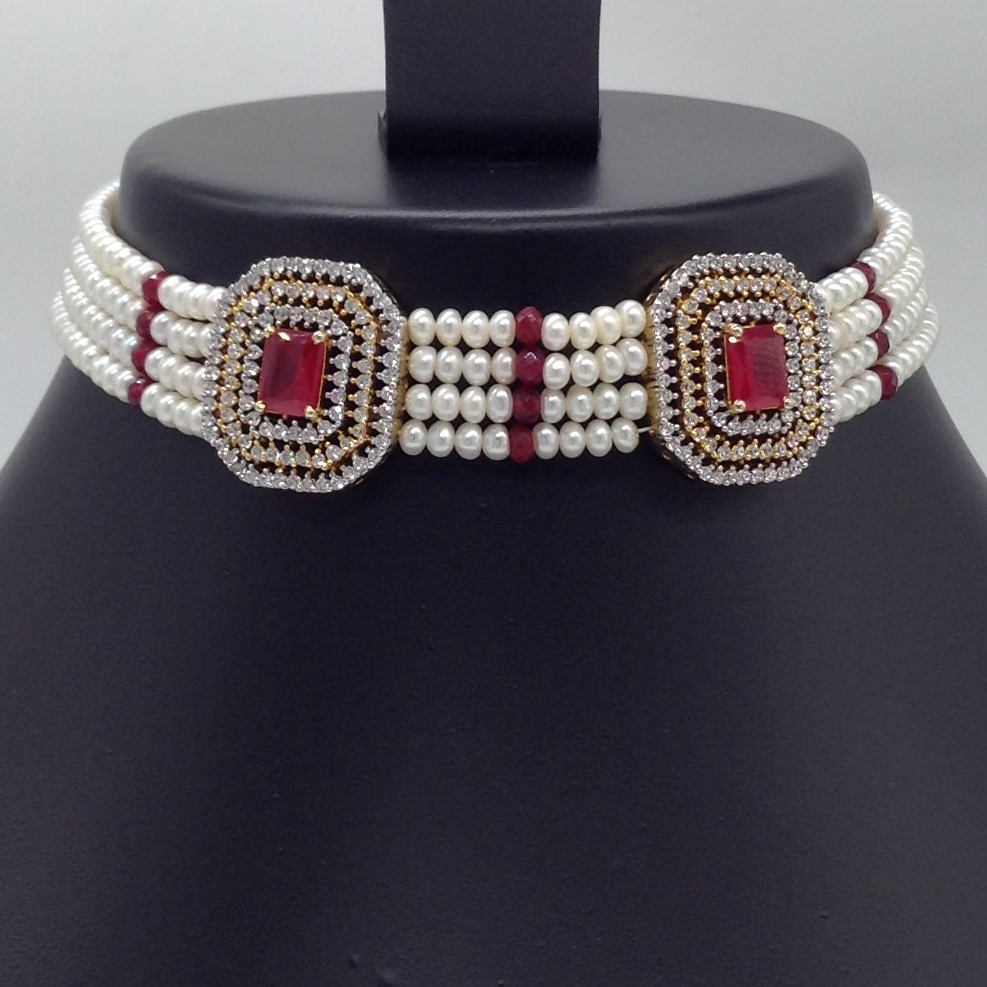 White And Red CZ Choker Set With 4 Line Flat Pearls Mala JPS0518 - Image 2