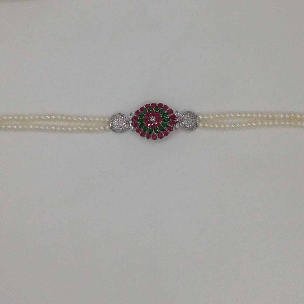 Tri Colour CZ Choker Set With 2 Line Flat Pearls Mala JPS0517 - Image 4
