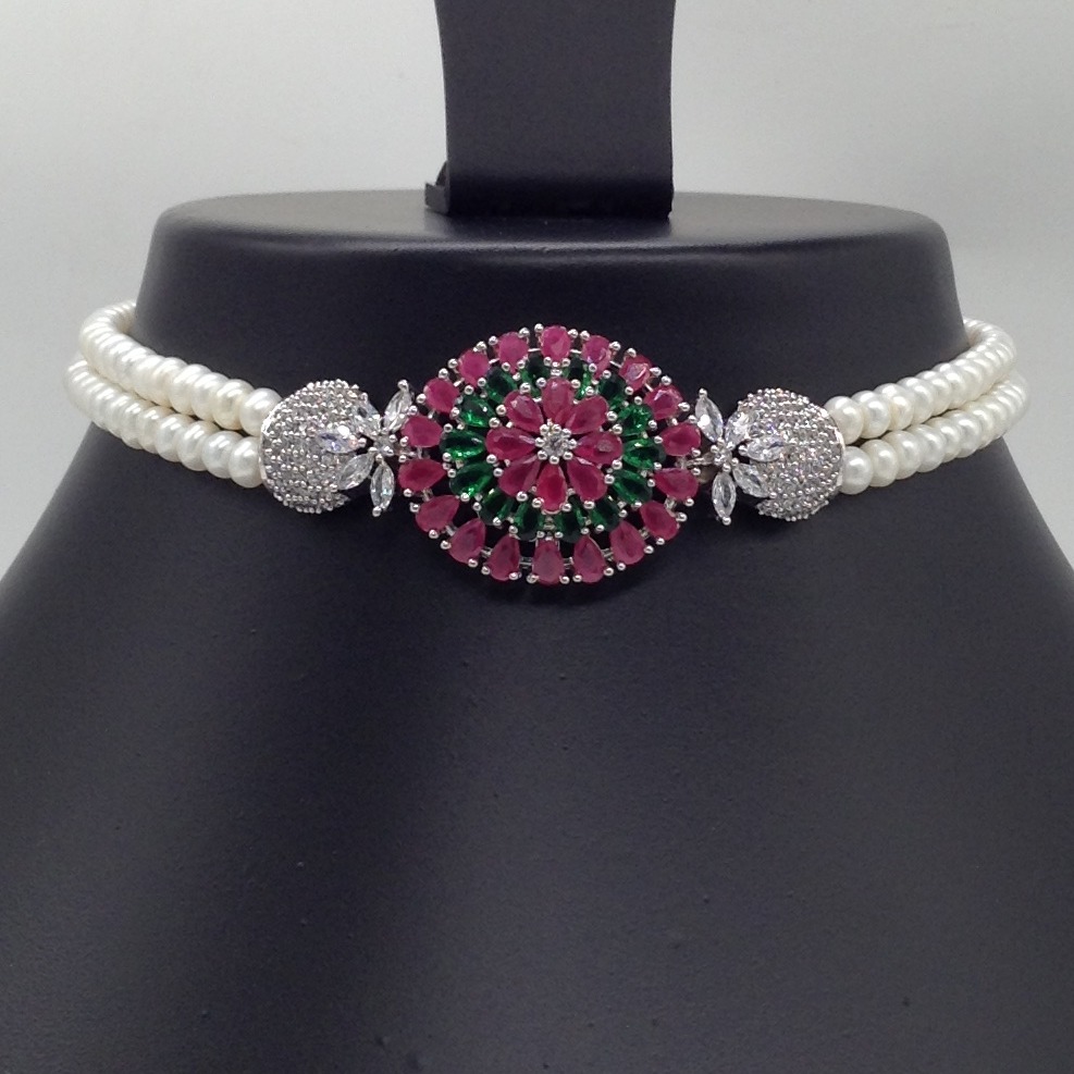 Tri Colour CZ Choker Set With 2 Line Flat Pearls Mala JPS0517 - Image 2