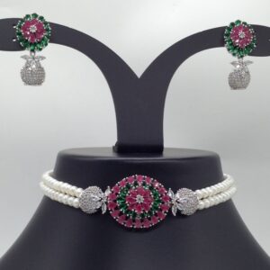 Tri Colour CZ Choker Set With 2 Line Flat Pearls Mala JPS0517