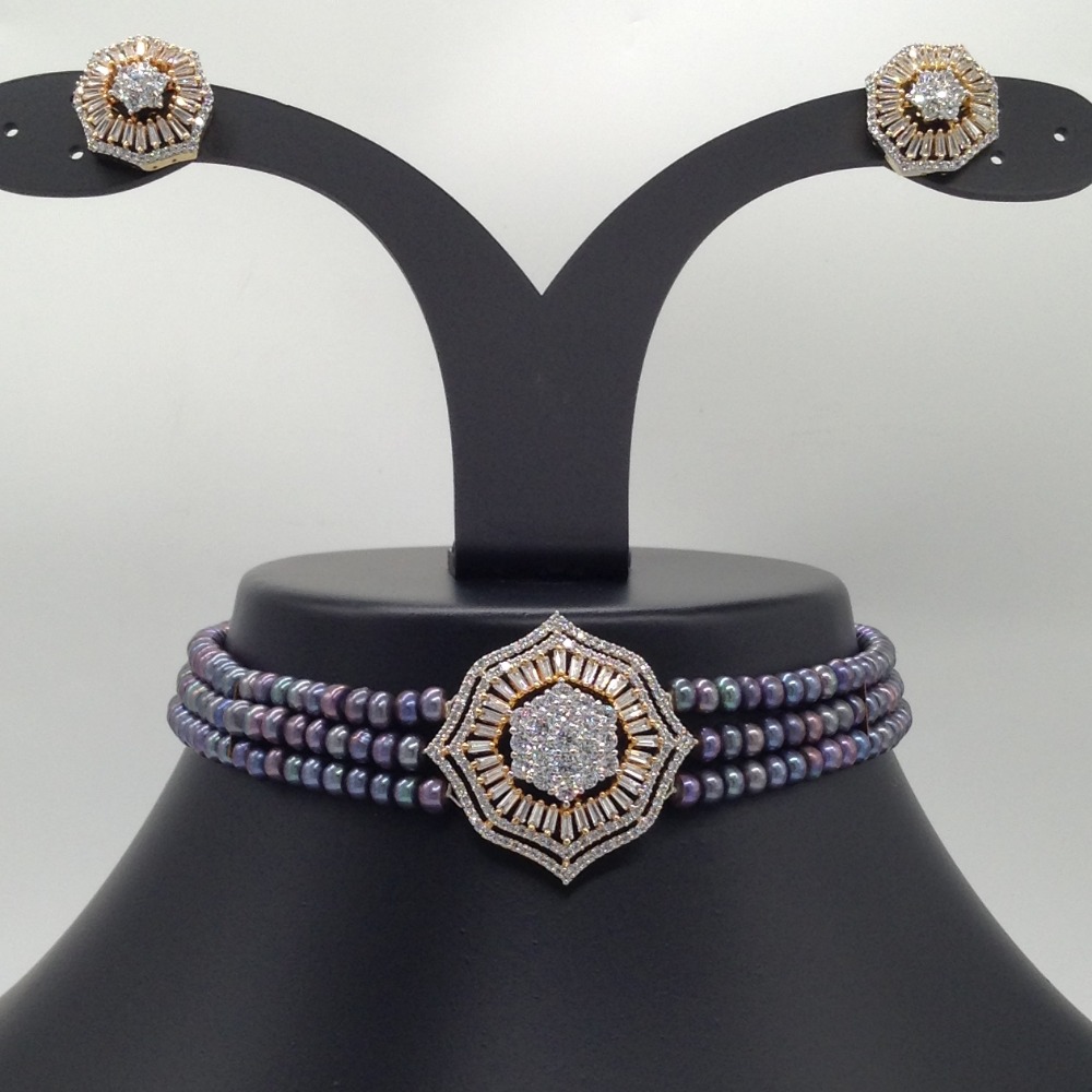 White CZ Choker Set With 3 Line Black Flat Pearls Mala JPS0516