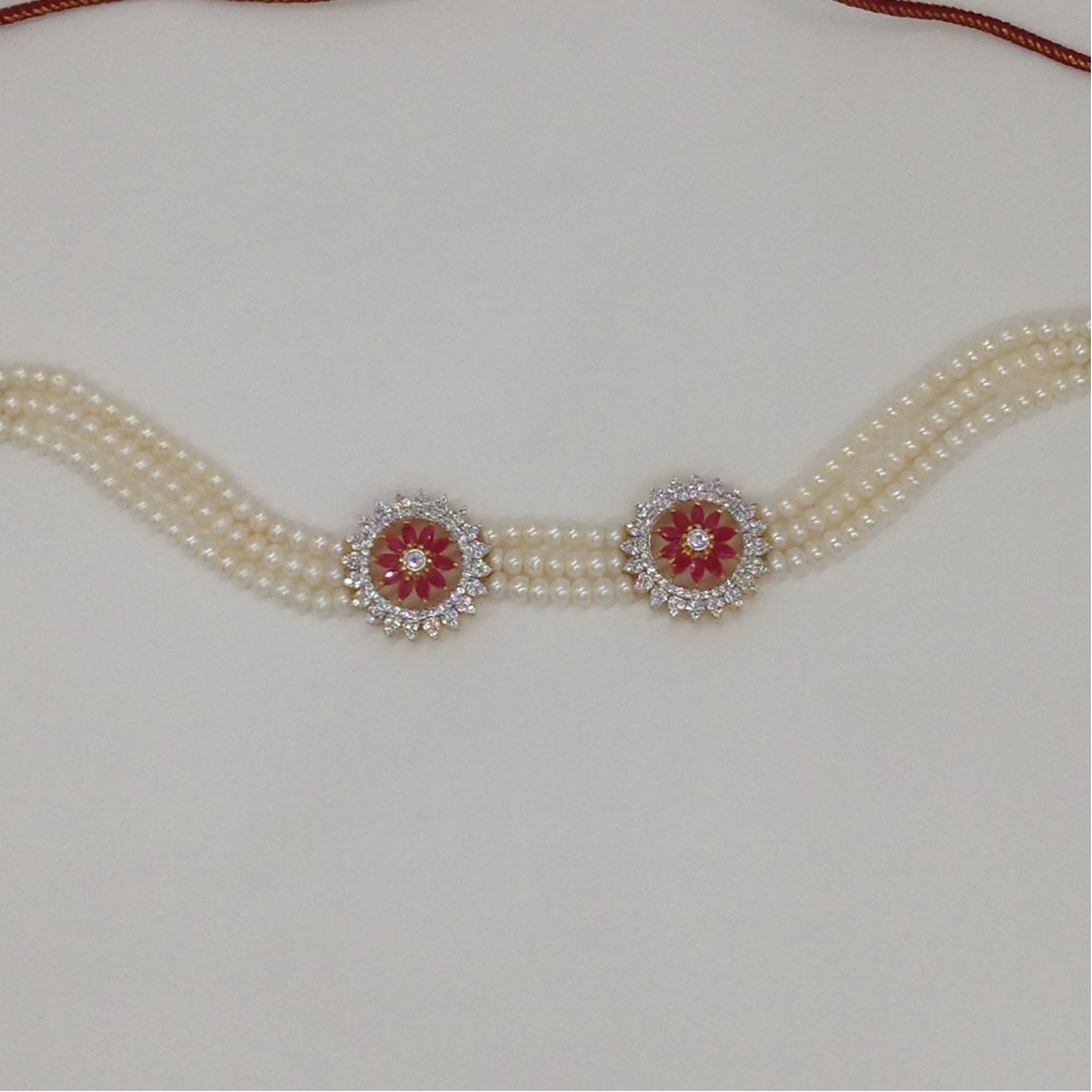 White And Red CZ Choker Set With 3 Line Flat Pearls Mala JPS0513 - Image 4