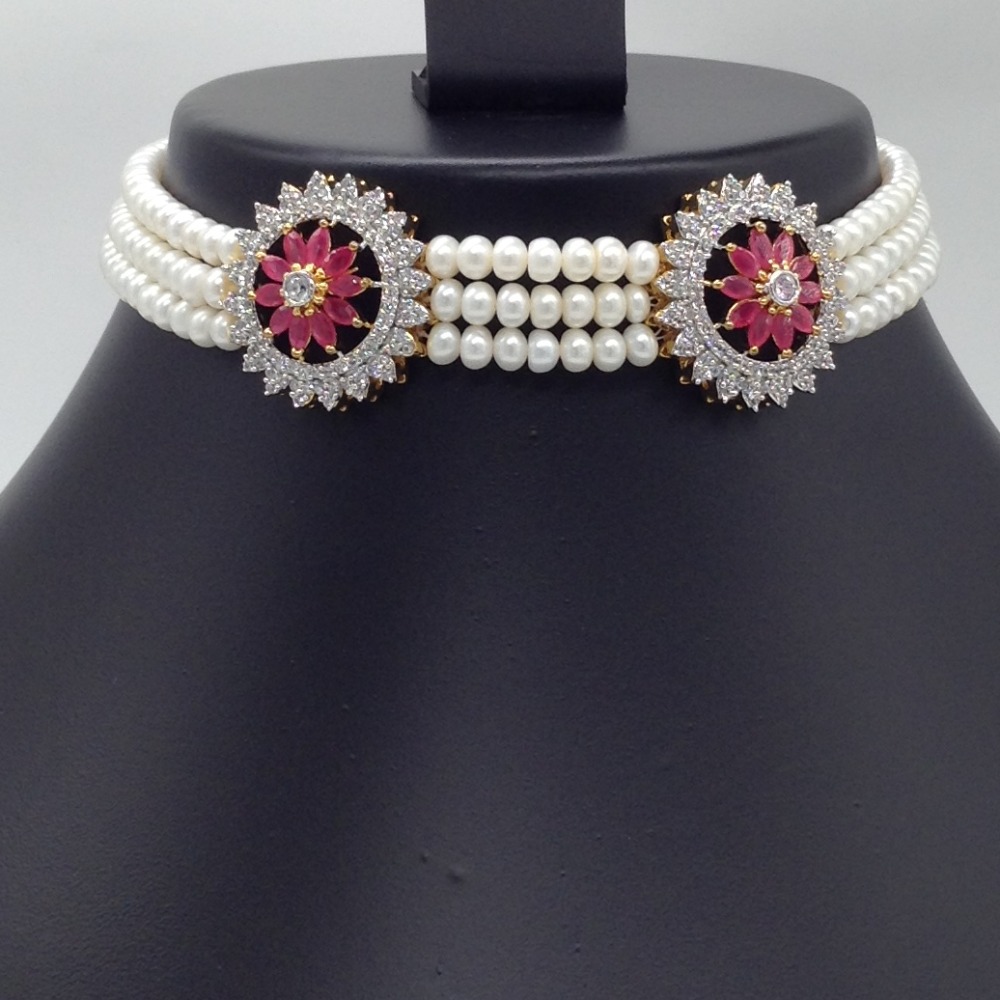 White And Red CZ Choker Set With 3 Line Flat Pearls Mala JPS0513 - Image 2