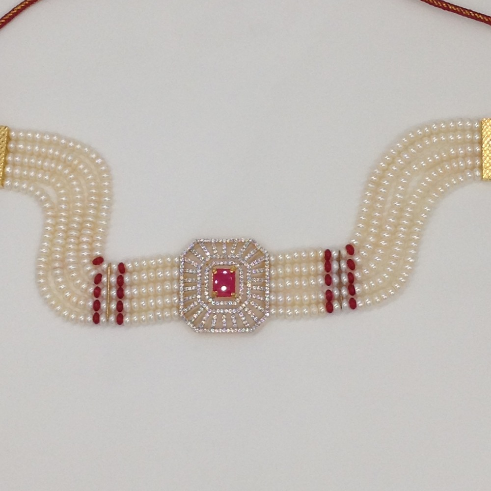 White And Red CZ Choker Set With 5 Line Flat Pearls Mala JPS0512 - Image 4