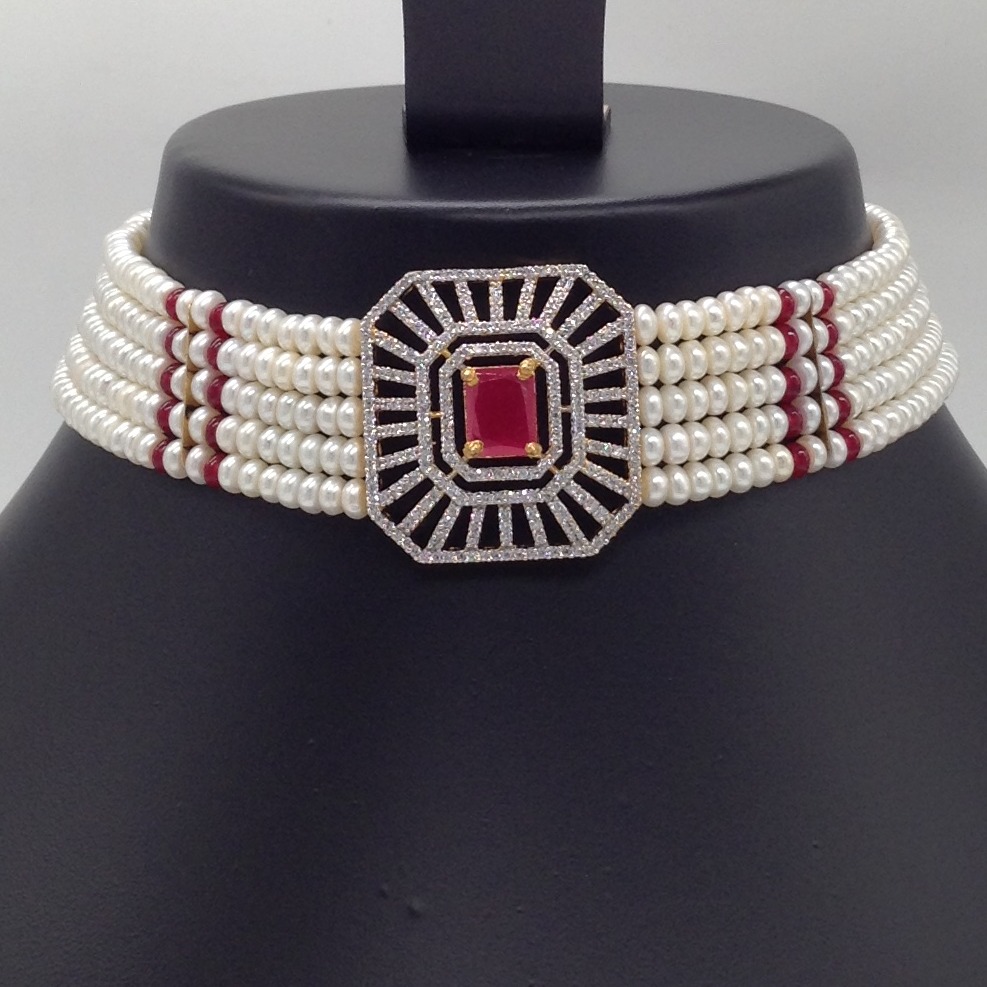 White And Red CZ Choker Set With 5 Line Flat Pearls Mala JPS0512 - Image 2