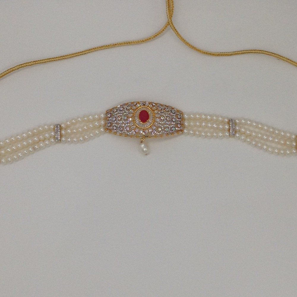 White And Red CZ Choker Set With 4 Line Flat Pearls Mala JPS0511 - Image 4