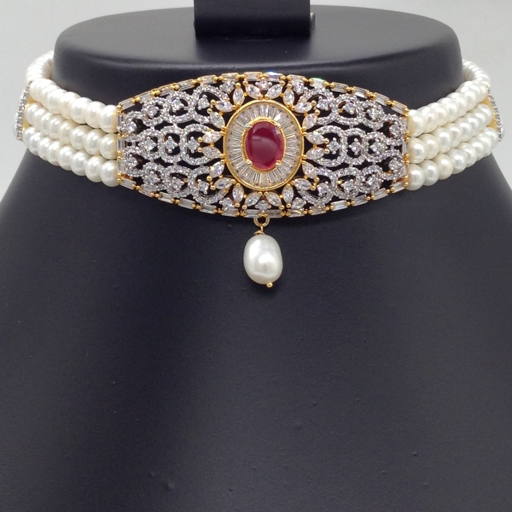 White And Red CZ Choker Set With 4 Line Flat Pearls Mala JPS0511 - Image 2