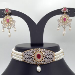 White And Red CZ Choker Set With 4 Line Flat Pearls Mala JPS0511