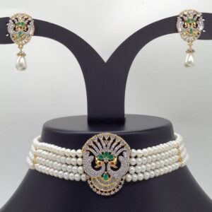 Tri Colour CZ Peacock Choker Set With 4 Line Flat Pearls Mala JPS0510
