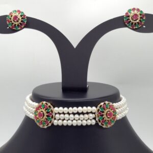 Tri Colour CZ Choker Set With 3 Line Flat Pearls Mala JPS0508
