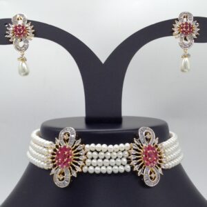 White And Red CZ Choker Set With 4 Line Flat Pearls Mala JPS0507