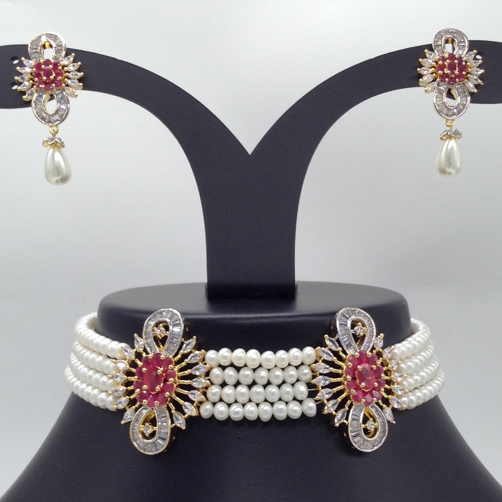 White And Red CZ Choker Set With 4 Line Flat Pearls Mala JPS0507