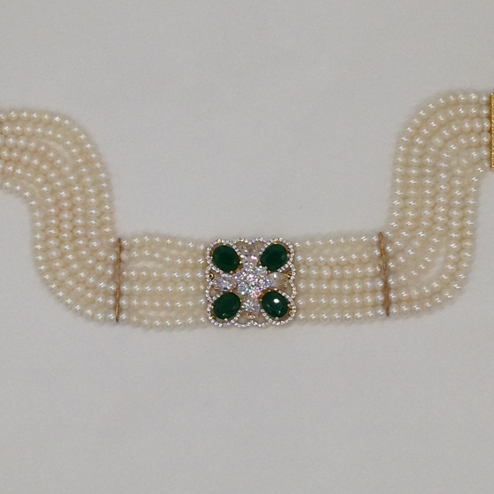 White And Green CZ Choker Set With 6 Line Flat Pearls Mala JPS0506 - Image 4