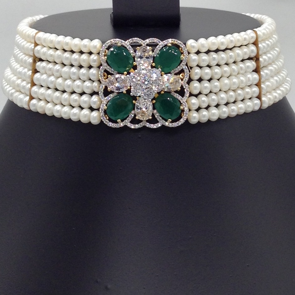 White And Green CZ Choker Set With 6 Line Flat Pearls Mala JPS0506 - Image 2