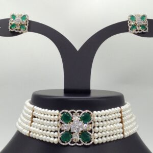 White And Green CZ Choker Set With 6 Line Flat Pearls Mala JPS0506