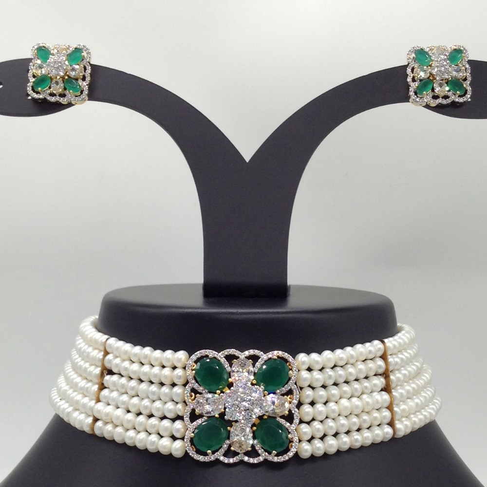 White And Green CZ Choker Set With 6 Line Flat Pearls Mala JPS0506