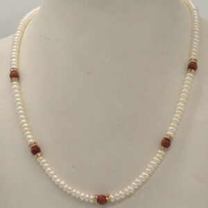 White Flat Pearls Single Layer Mala With Sandstone Semi Beeds JPM0352