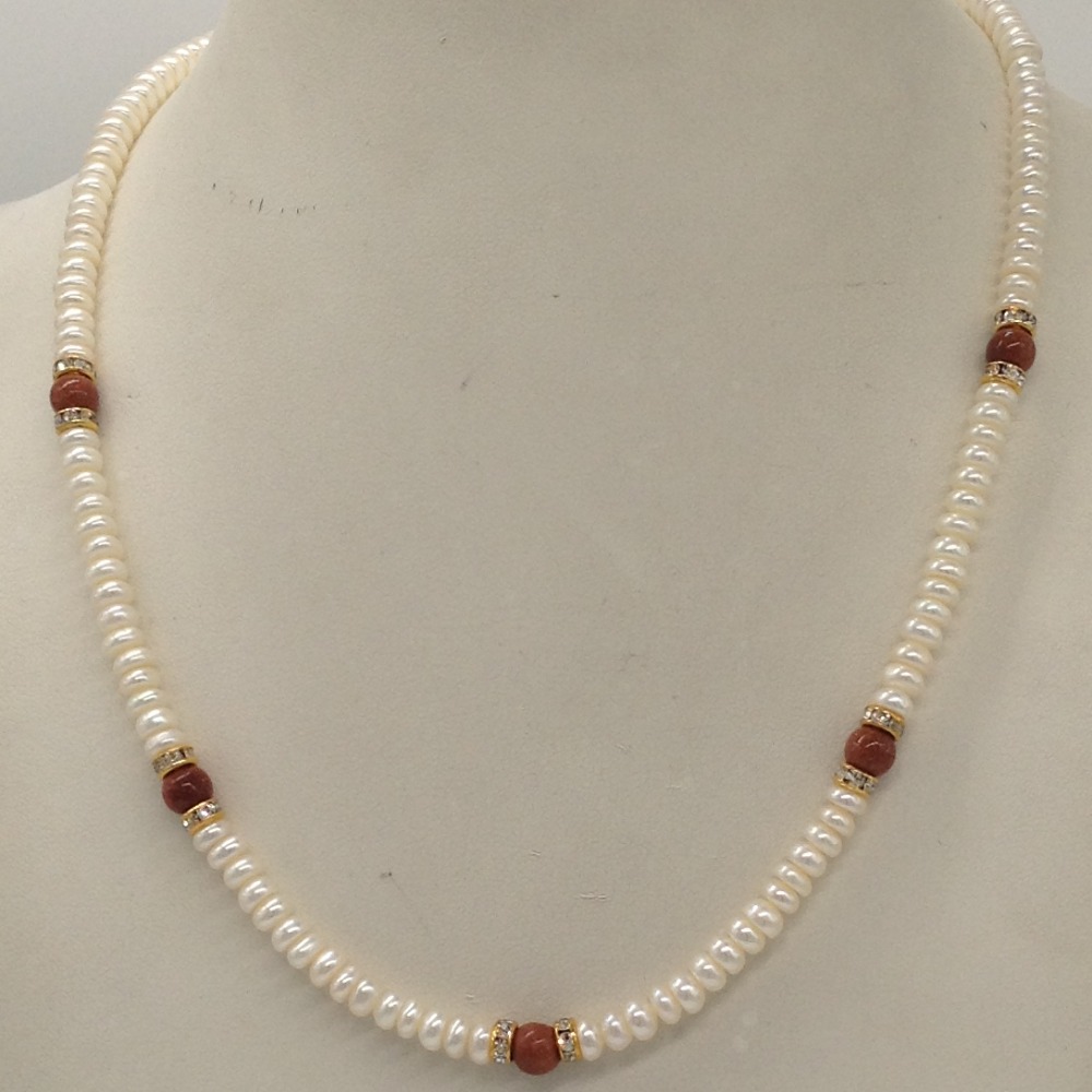 White Flat Pearls Single Layer Mala With Sandstone Semi Beeds JPM0352