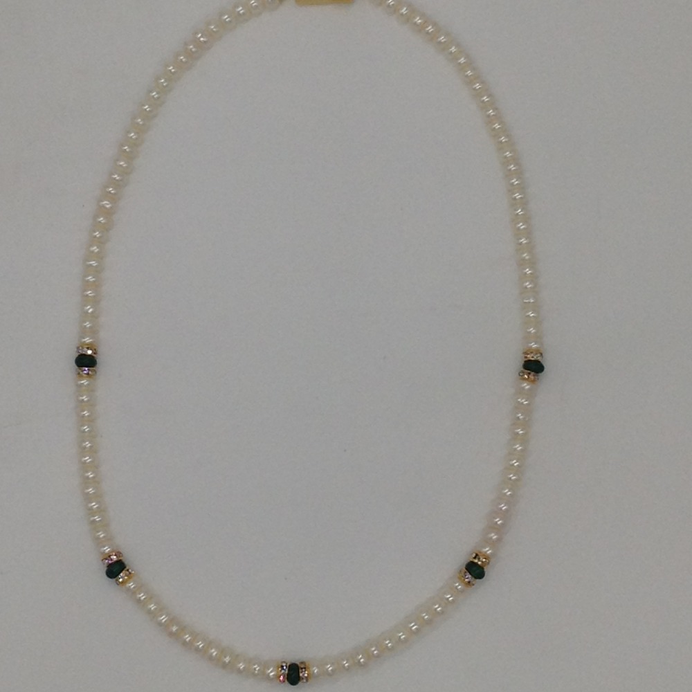 White Flat Pearls Single Layer Mala With Green Semi Beeds JPM0351