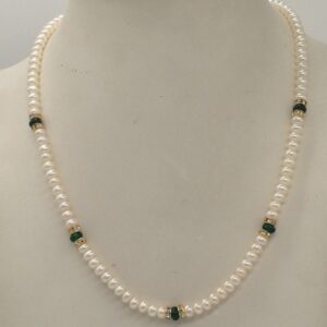 White Flat Pearls Single Layer Mala With Green Semi Beeds JPM0351