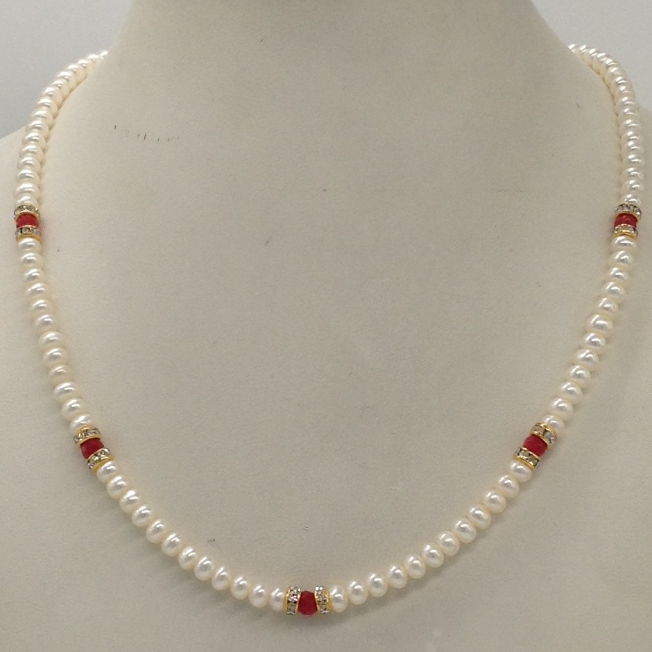 White Flat Pearls Single Layer Mala With Orange Semi Beeds JPM0350