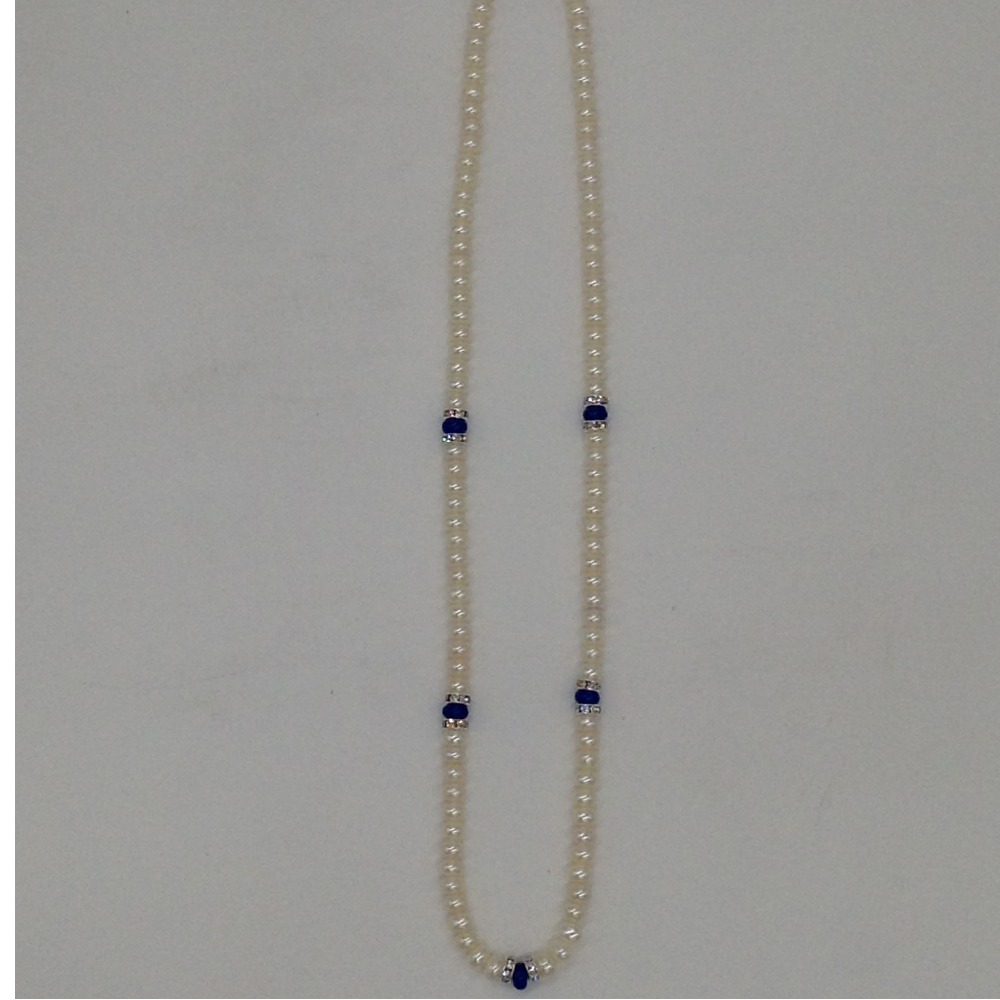 White Flat Pearls Single Layer Mala With Blue Semi Beeds JPM0349