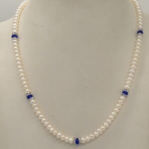White Flat Pearls Single Layer Mala With Blue Semi Beeds JPM0349