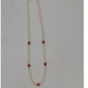 White Flat Pearls Single Layer Mala With Coral Semi Beeds JPM0348