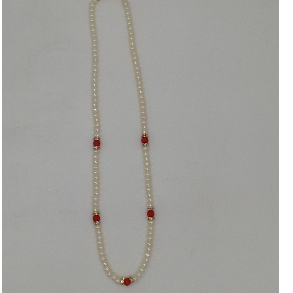 White Flat Pearls Single Layer Mala With Coral Semi Beeds JPM0348