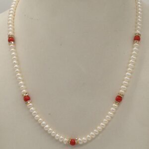 White Flat Pearls Single Layer Mala With Coral Semi Beeds JPM0348