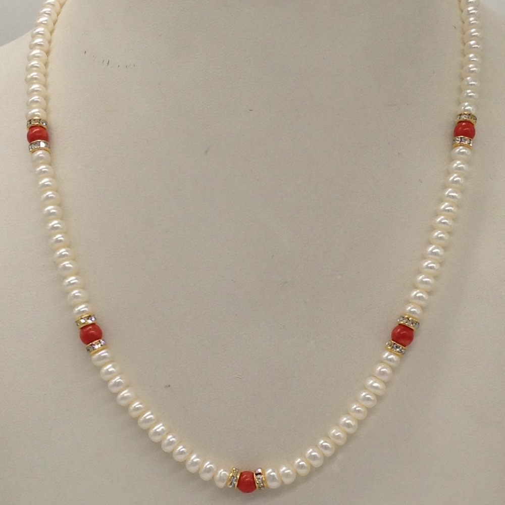 White Flat Pearls Single Layer Mala With Coral Semi Beeds JPM0348