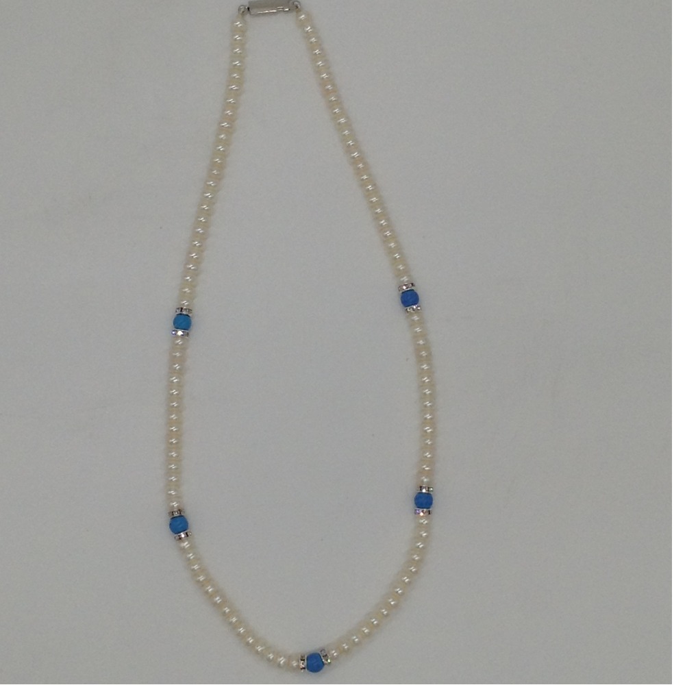 White Flat Pearls Mala With CZ Chakri And Turquoise Beeds JPM0347